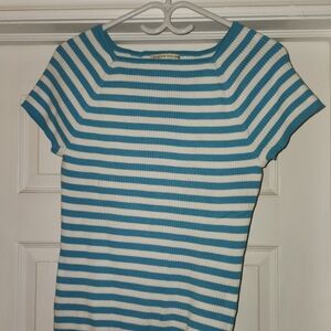 Carolyn Taylor Turquoise and White Striped Short Sleeve Knit Top